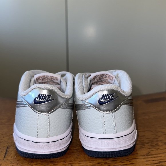 Worn once for a wedding, Nike Air Force 1s, in grey, navy sole, and silver Nike - Picture 4 of 7